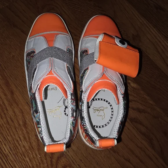 Christian Louboutin Kids' Orange and White Sneakers with Silver Accents - Picture 5 of 10
